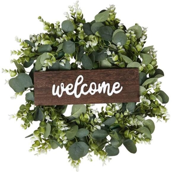 Artificial Eucalyptus Wreath 17.7inch Door Decor Wreath with Wooden Sign Welcome - Picture 1 of 6